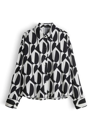 Schwarz-weißes Hemd mit geometrischem Muster, ausgestattet mit Kragen, Knopfleiste und langen Ärmeln. Hergestellt aus glattem Stoff mit lockerem Schnitt.