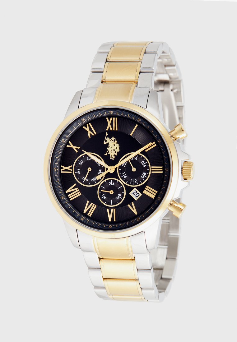 Reloj de acero inoxidable en plata y oro con un dial negro, marcadores de números romanos, tres sub-diales y una pantalla de fecha a las 6 en punto.