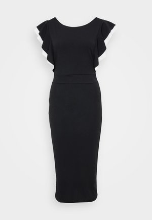 Vestido preto com mangas evasê, acabamentos brancos, corpete ajustado e silhueta até ao meio da perna, feito de um tecido suave.