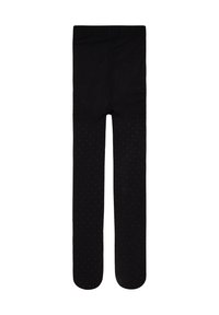 Čierne legíny vyrobené z mäkkej látky, s hladkým povrchom a bodkovaným vzorom na spodnej časti nôh. Elastický pás pre pohodlie.