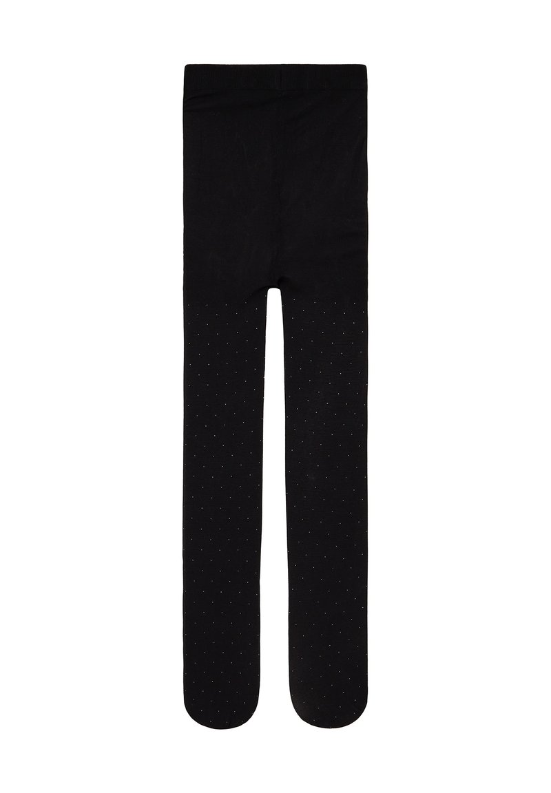 Čierne legíny vyrobené z mäkkej látky, s hladkým povrchom a bodkovaným vzorom na spodnej časti nôh. Elastický pás pre pohodlie.