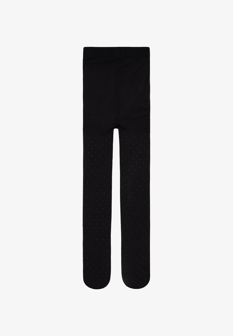 Čierne legíny vyrobené z mäkkej látky, s hladkým povrchom a bodkovaným vzorom na spodnej časti nôh. Elastický pás pre pohodlie.