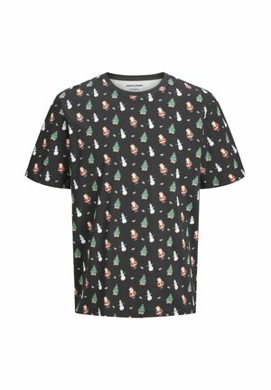 T-shirt noir avec un motif répété de Père Noël, de sapins de Noël et de bonhommes de neige. Fabriqué en matériau doux, à manches courtes et avec un col rond.