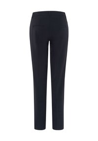 Pantalon noir sur mesure à coupe slim, tissu lisse, deux poches arrière et coutures minimalistes. Aucun élément métallique ou ornement visible.