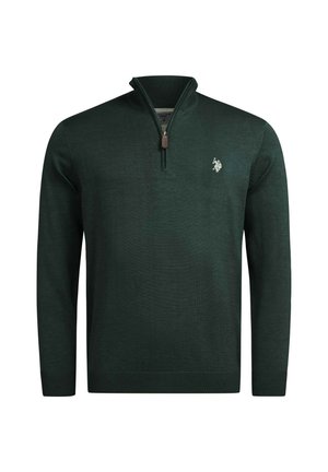 Dunkelgrüner Pullover mit langen Ärmeln, Viertel-Reißverschluss am Kragen und kleinem hellfarben besticktem Logo auf der linken Brust.