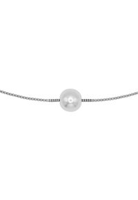 Collana in argento con un pendente di una sola perla bianca posizionata al centro, dalla texture liscia e superficie lucida.