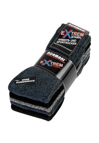 Vier Paare dunkelgraue und schwarze Socken mit verstärkter Ferse und Zehen, verpackt mit einem Etikett, das "OHNE GUMMIDRUCK" angibt, was keinen elastischen Halt bedeutet.