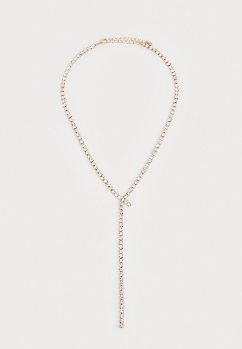 Gold-tone chain necklace with clear rhinestones, forming a Y-shape with an adjustable clasp and a dangling vertical strand.