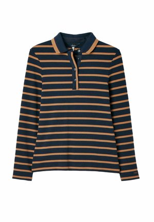 Navy long-sleeve polo shirt with horizontal orange stripes, featuring a buttoned placket and contrasting collar. Smooth fabric texture.