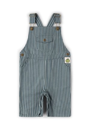 Blaue und weiße gestreifte Latzhose für Kleinkinder mit Vordertasche, verstellbaren Trägern, Seitentaschen, Knopfverschlüssen und einem kleinen grünen Apfelaufnäher an der Seite.