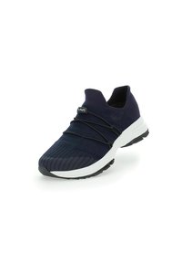 Navy running shoe with a textured knit upper, elastic laces, and a white midsole. Features a black rubber outsole for traction.