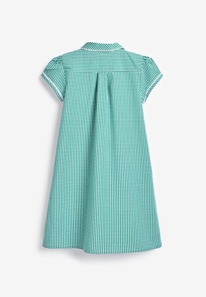 Zelené a biele kockované šaty s golierom, krátkymi rukávmi a plisovaným chrbtom. Ľahká látka s rozšíreným áčkovým strihom.