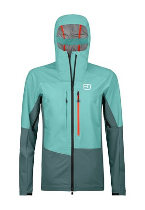 Leichte Jacke in Türkis und Grau, mit Kapuze, Frontreißverschluss und einer Reißverschlusstasche in Orange. Aus wetterbeständigem Stoff.
