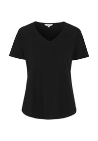 Musta lyhythihainen V-pääntie t-paita, joka on valmistettu pehmeästä kankaasta. Sillä on rento istuvuus ja hienovaraisesti kaartuva helma, eikä siinä ole näkyviä kuvioita tai korostuksia.