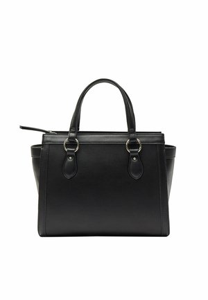 Sac à main en cuir noir avec doubles poignées supérieures, anneaux métalliques argentés et compartiment principal zippé sur fond blanc uni.