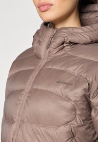 Ljusbrun isolerad jacka med hög krage, horisontellt quiltat mönster och zippered front, med "Salomon"-logotyp på bröstet.