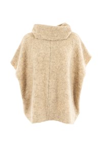 Beige fuzzy wollen poncho met brede kraag en een losse pasvorm, van de achterkant weergegeven op een witte achtergrond.