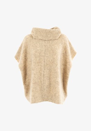 Beige fuzzy wool poncho with wide collar and loose fit, displayed from the back on a white background.