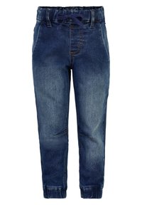 Jeans jogger bukser i mørkeblå med en falmet finish, elastisk talje, snøre og ankelmanchetter. Har syede detaljer og forlommer.
