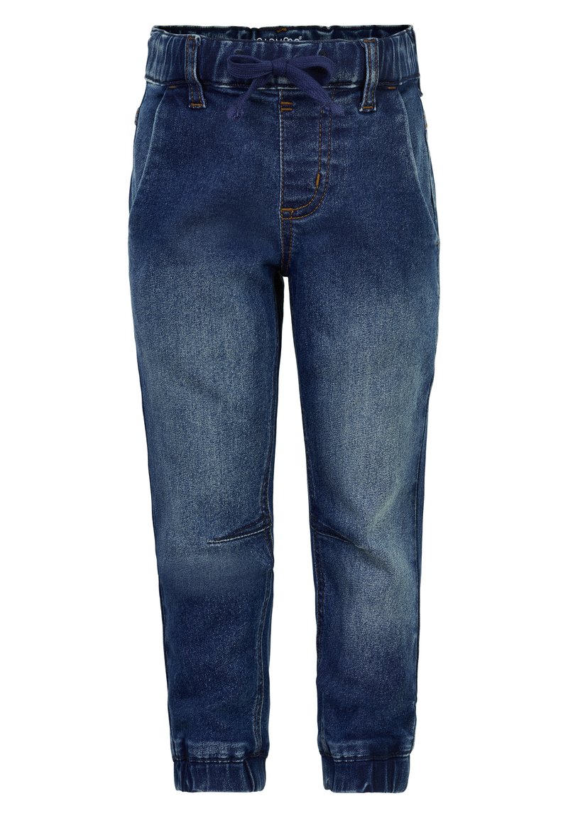 Jeans jogger bukser i mørkeblå med en falmet finish, elastisk talje, snøre og ankelmanchetter. Har syede detaljer og forlommer.