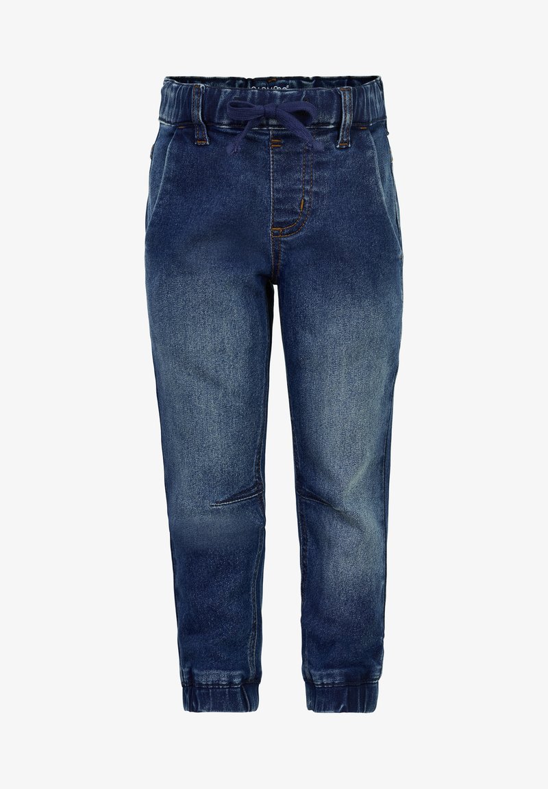 Jeans jogger bukser i mørkeblå med en falmet finish, elastisk talje, snøre og ankelmanchetter. Har syede detaljer og forlommer.