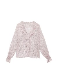 Lichtroze blouse van doorzichtig materiaal, met een gerimpelde halslijn, lange mouwen met opbollende manchetten, en verspreide donkere stippen.