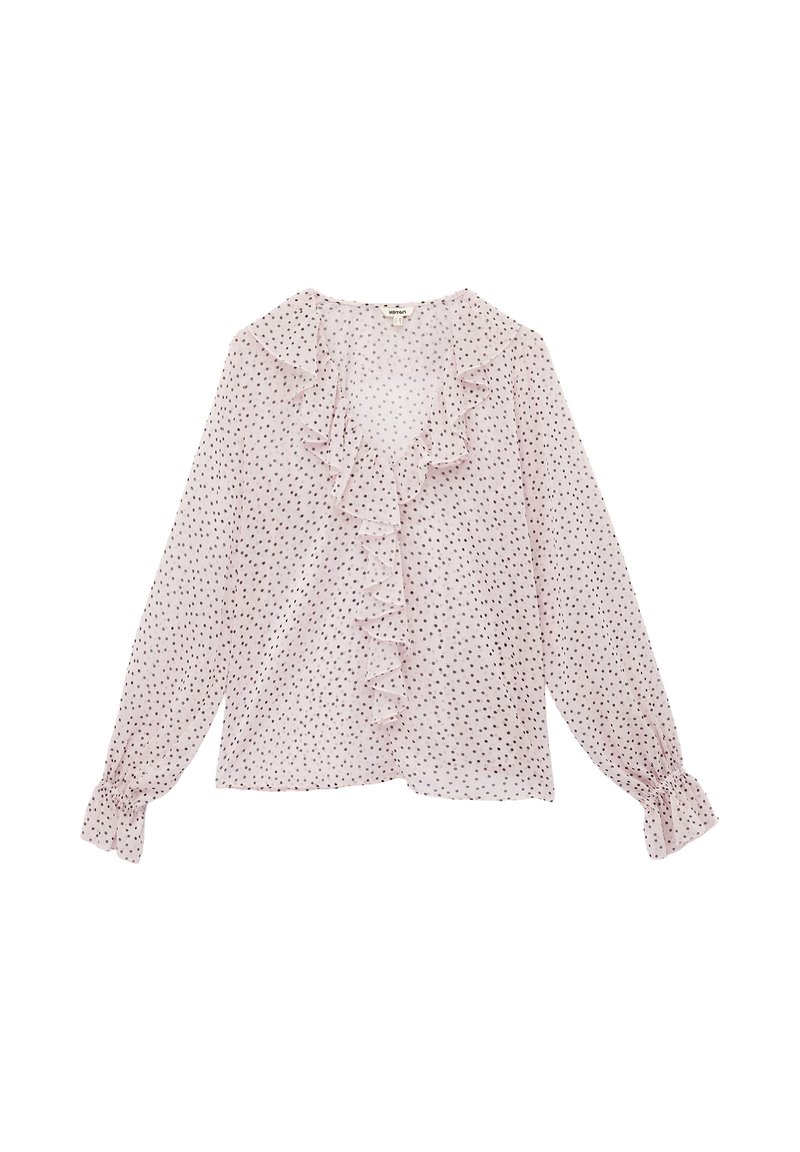 Lichtroze blouse van doorzichtig materiaal, met een gerimpelde halslijn, lange mouwen met opbollende manchetten, en verspreide donkere stippen.