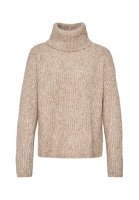 Pull à col roulé beige en tricot avec textures côtelées et motifs en chevrons, manches longues et coupe décontractée.