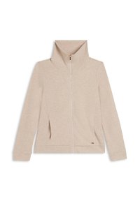 Giacca beige con zip e colletto alto, maniche lunghe e tasche laterali, posata piatta su uno sfondo bianco.