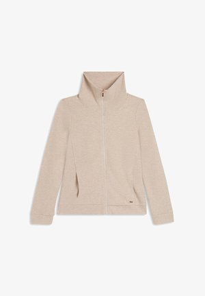 Giacca beige con zip e colletto alto, maniche lunghe e tasche laterali, posata piatta su uno sfondo bianco.
