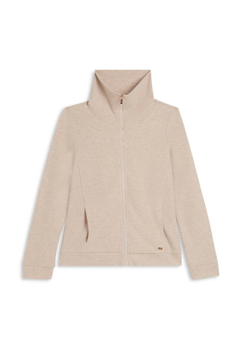 Giacca beige con zip e colletto alto, maniche lunghe e tasche laterali, posata piatta su uno sfondo bianco.