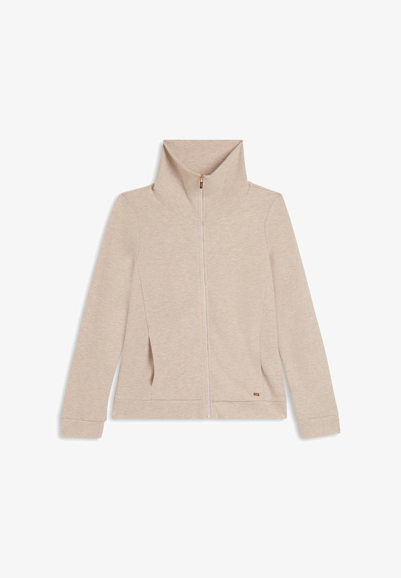 Giacca beige con zip e colletto alto, maniche lunghe e tasche laterali, posata piatta su uno sfondo bianco.