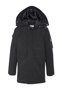 Parka invernale nera con cappuccio, realizzata in tessuto testurizzato. Presenta due tasche frontali, una tasca con zip sulla manica e dettagli a bottoni.
