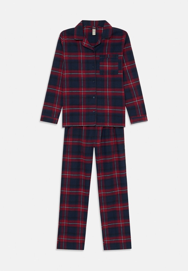 Pajamy w niebiesko-czerwony wzór w kratkę z długimi rękawami, zapinane na guziki z kieszonką na piersi. Wykonane z miękkiego materiału o luźnym kroju.