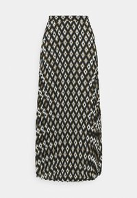 Schwarzer Midirock mit einem Rautenmuster in Grün, Weiß und Beige. Verfügt über Falten und einen elastischen Bund für maximalen Komfort.