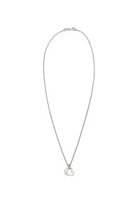 Zilveren ketting met twee in elkaar grijpende hartpendanten in zilver en roségoud, met een delicate textuur en een sluiting met een haak.