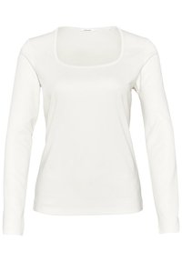Chemise blanche à manches longues avec un col carré, présentée sur un fond blanc uni.