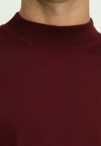 Bordowy sweter z golfem o prążkowanej teksturze, z wysokim kołnierzem i dopasowanym krojem. Gładki materiał o delikatnym połysku.