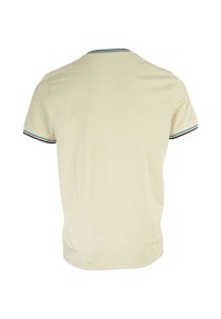 T-shirt crema a maniche corte con colletto girocollo, caratterizzata da accenti a righe multicolori sul colletto e sui bordi delle maniche.