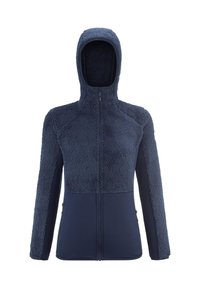 Granatowa polarowa kurtka z kapturem, z pełnym zamkiem z przodu oraz dwoma bocznymi kieszeniami na zamek błyskawiczny, charakteryzująca się teksturowanym górnym i gładkim dolnym wzorem.