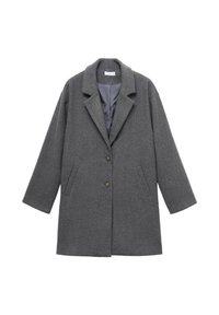 Grau Wollmantel mit Reverskragen, einreihiger Knopfverschluss und zwei seitlichen Taschen. Verfügt über ein glattes Innenfutter und einen geraden Schnitt.