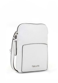 Small white crossbody bag with front pocket, silver zipper, and adjustable strap, set against a plain white background.