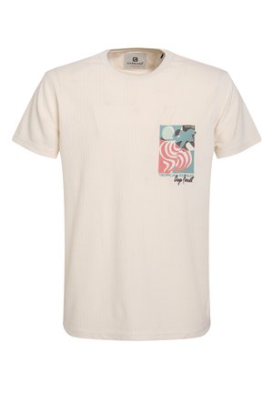 Trumpas rankovėmis, kreminės spalvos marškinėliai su tekstūruotu audiniu; turi spalvingą grafikos kišenės dizainą su abstrakčiomis formomis ir tekstu.