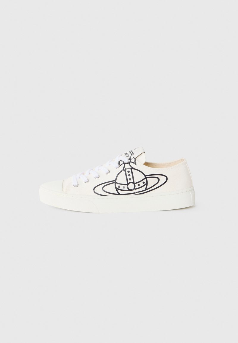 Canvas sneakers in off-white with a black planet graphic. Features white laces and a textured rubber sole. Rounded toe design.