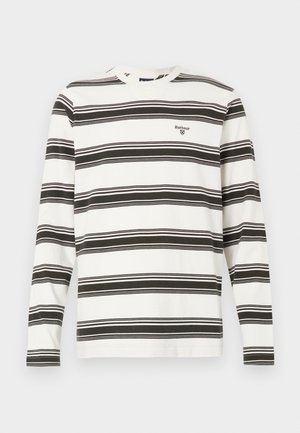 White long-sleeve shirt with black horizontal stripes and small Barbour logo on chest, crew neckline, relaxed fit.