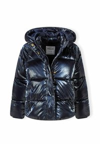 Giubbotto imbottito blu navy con finitura lucida, dotato di cappuccio, chiusura con bottoni a pressione e design trapuntato per l'isolamento. Texture morbida e liscia.