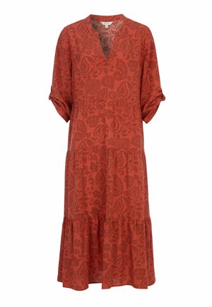 Rode midi-jurk met bloemenpatroon, V-hals, geplooide lagen en opgerolde driekwartmouwen.