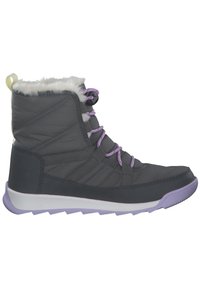Grijze geïsoleerde enkelboots met een faux fur kraag, paarse veters en een witte en lavendel gestructureerde zool. Kenmerkt zich door een gewatteerd ontwerp.