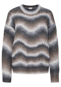 Maglione lavorato a maglia con un motivo ondulato in tonalità di marrone, grigio e bianco. Presenta un collo rotondo e maniche lunghe. Tessuto testurizzato.