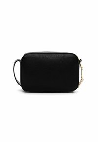 Black leather pouch with a textured surface, rectangular shape, gold hardware accent, and a side handle for carrying convenience.